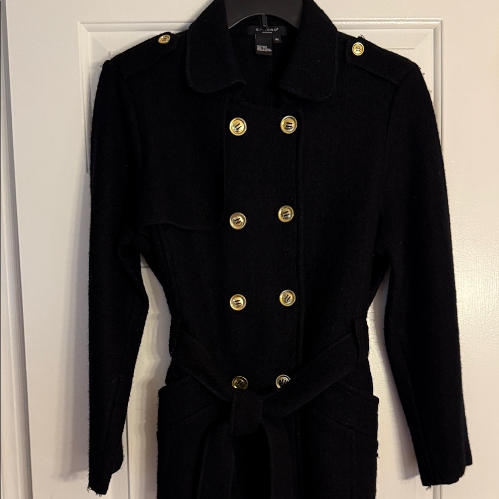 Sandro Black Trench Jacket with Gold Accents - Picture 6 of 7